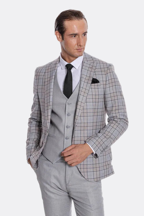 Checked Slim Fit Light Grey Men Suit - Wessi