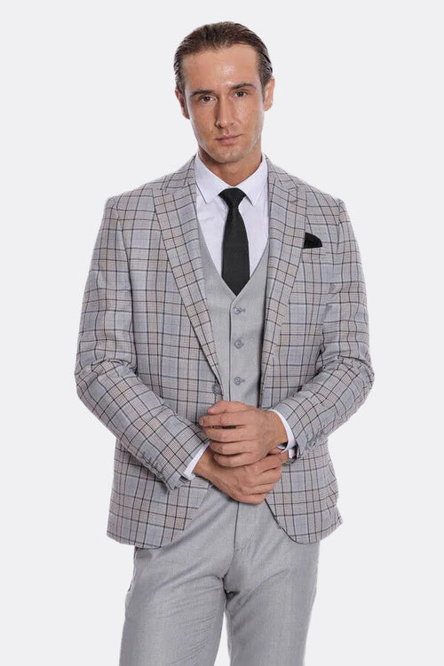Checked Slim Fit Light Grey Men Suit - Wessi