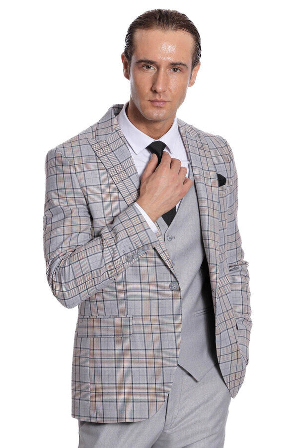 Checked Slim Fit Light Grey Men Suit - Wessi