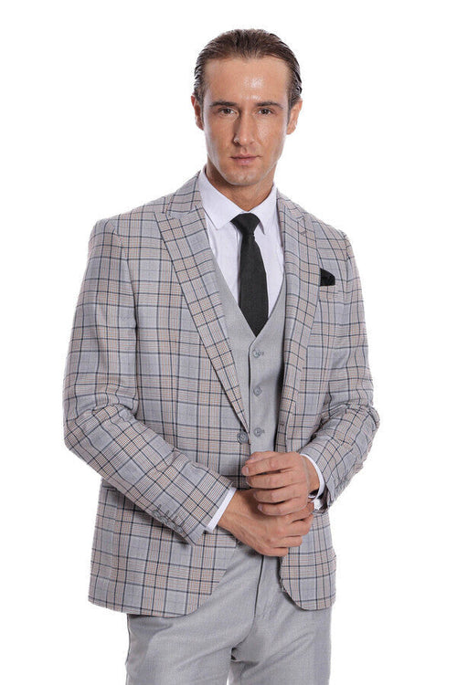 Checked Slim Fit Light Grey Men Suit - Wessi