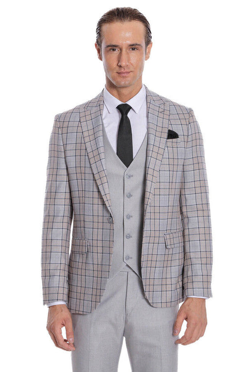 Checked Slim Fit Light Grey Men Suit - Wessi