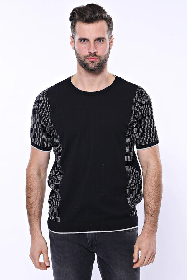 Circle Neck Patterned Black Knitted T-Shirt - Wessi