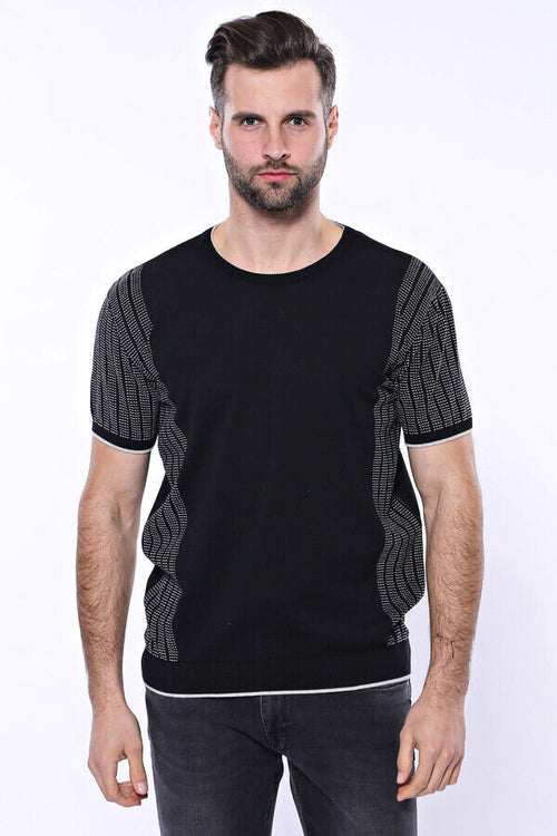 Circle Neck Patterned Black Knitted T-Shirt - Wessi