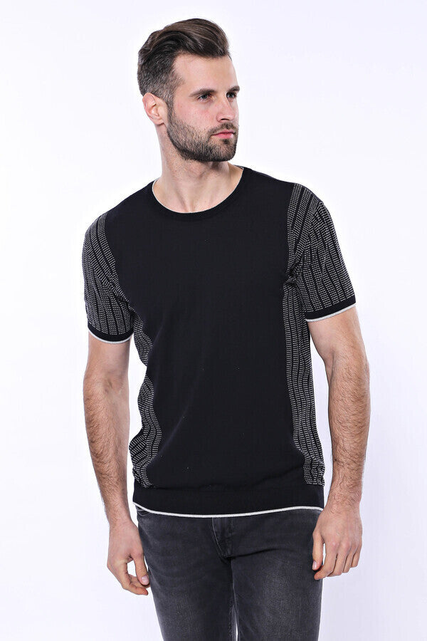 Circle Neck Patterned Black Knitted T-Shirt - Wessi
