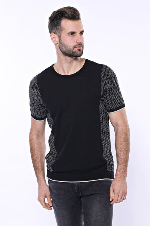 Circle Neck Patterned Black Knitted T-Shirt - Wessi