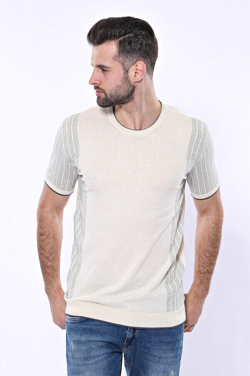 Circle Neck Patterned Cream Knitted T-Shirt - Wessi