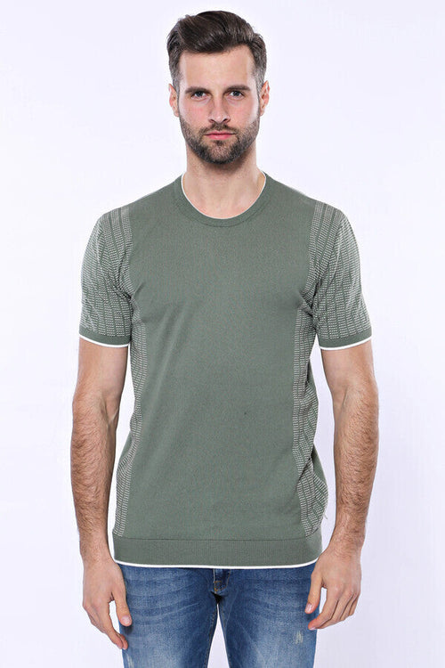 Circle Neck Patterned Green Knitted T-Shirt - Wessi