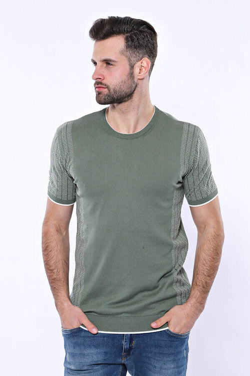 Circle Neck Patterned Green Knitted T-Shirt - Wessi