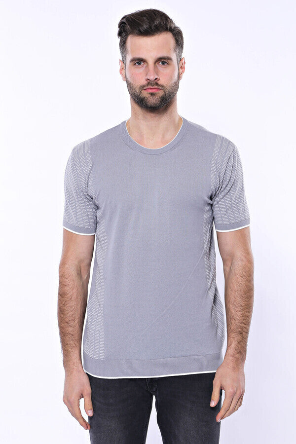 Circle Neck Patterned Grey Knitted T-Shirt - Wessi