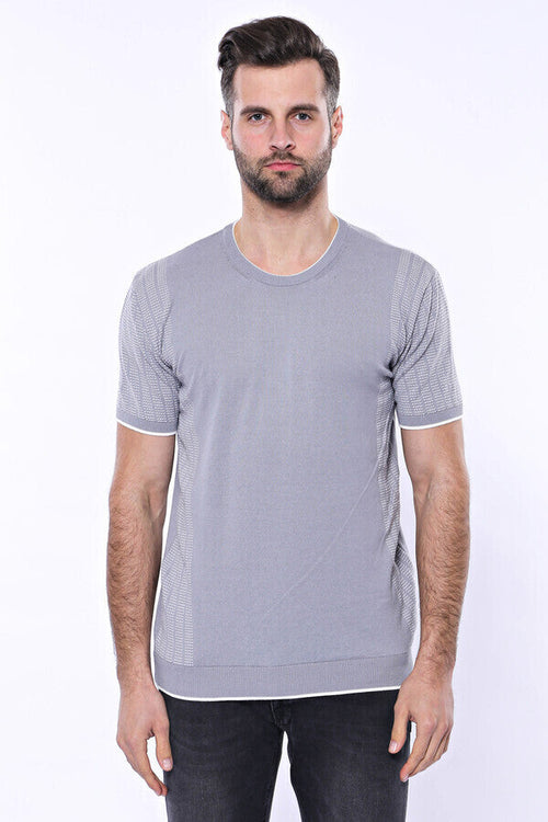 Circle Neck Patterned Grey Knitted T-Shirt - Wessi