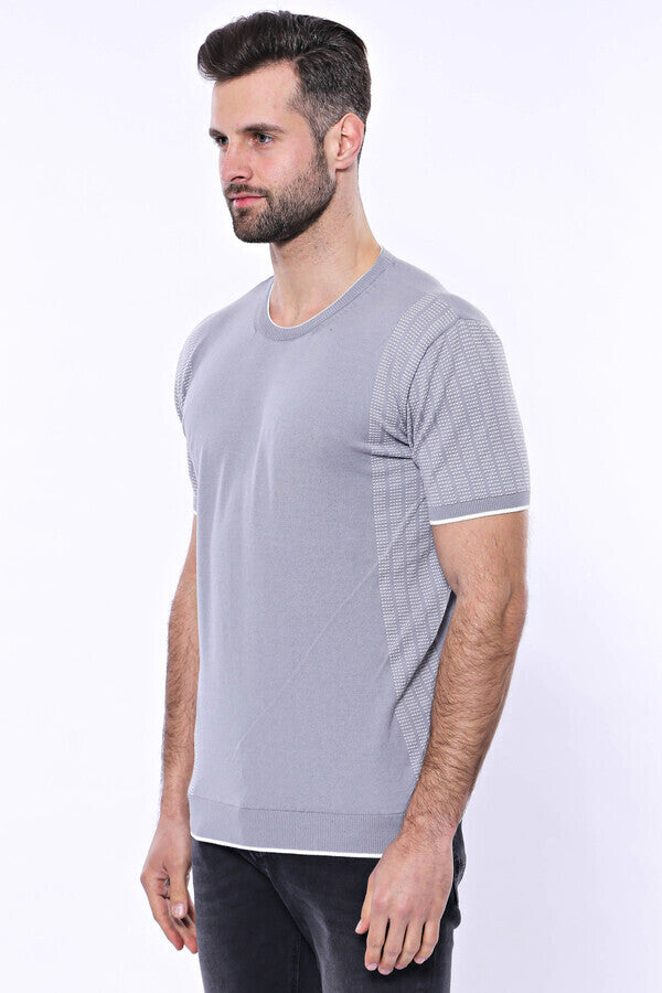 Circle Neck Patterned Grey Knitted T-Shirt - Wessi