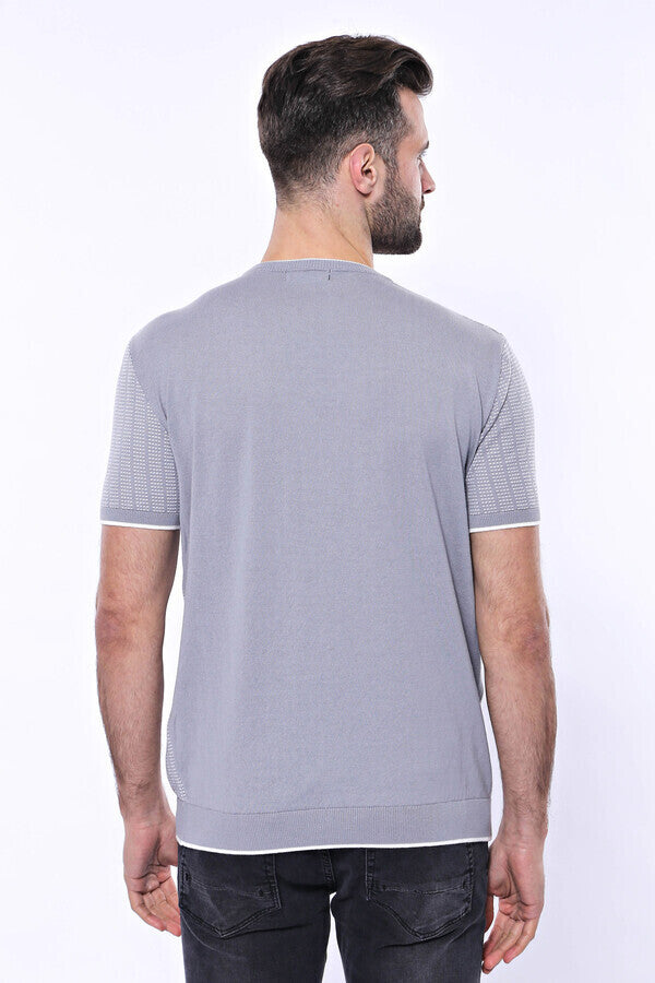 Circle Neck Patterned Grey Knitted T-Shirt - Wessi