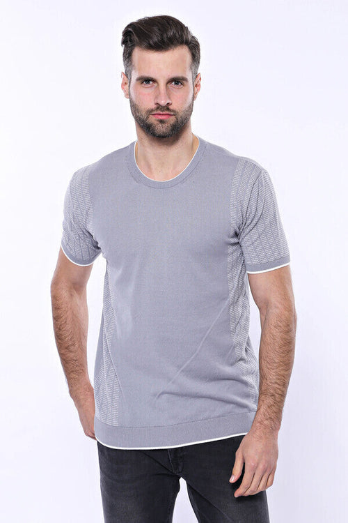 Circle Neck Patterned Grey Knitted T-Shirt - Wessi