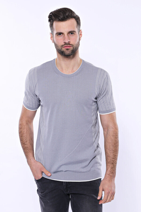 Circle Neck Patterned Grey Knitted T-Shirt - Wessi