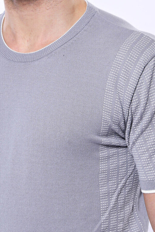 Circle Neck Patterned Grey Knitted T-Shirt - Wessi