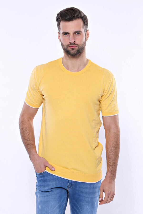 Circle Neck Patterned Yellow Knitted T-Shirt - Wessi