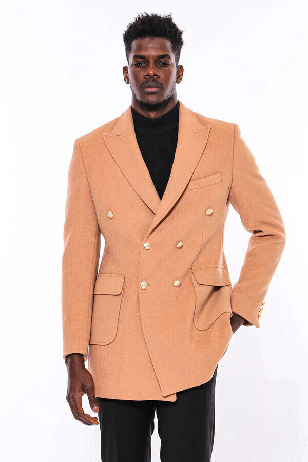 Cream Metal Buttoned Double Breasted Long Coat - Wessi