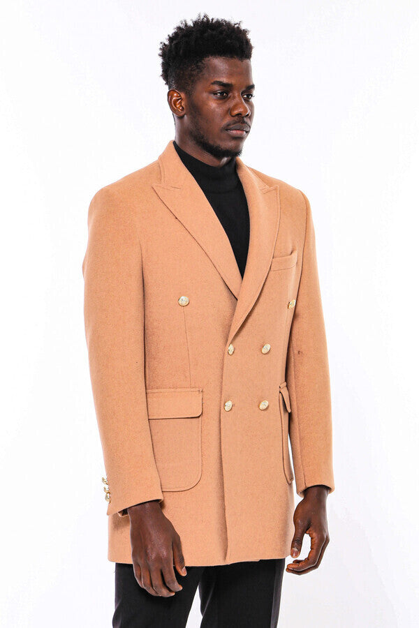 Cream Metal Buttoned Double Breasted Long Coat - Wessi
