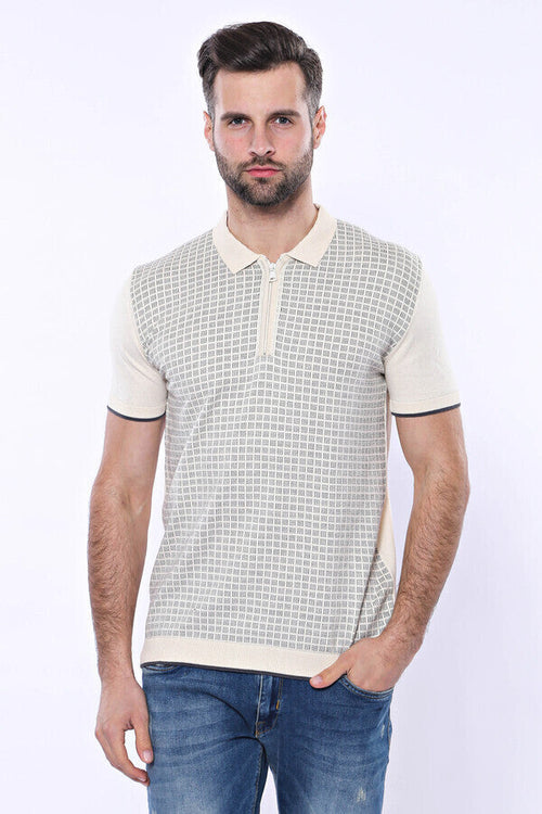Cream Plaid Zippered Polo Knitted T-Shirt | Wessi