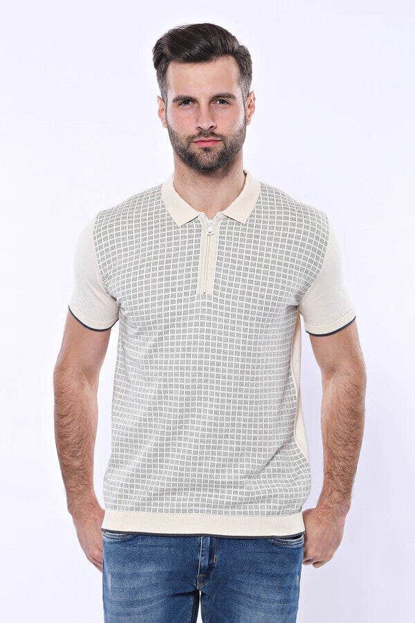 Cream Plaid Zippered Polo Knitted T-Shirt | Wessi