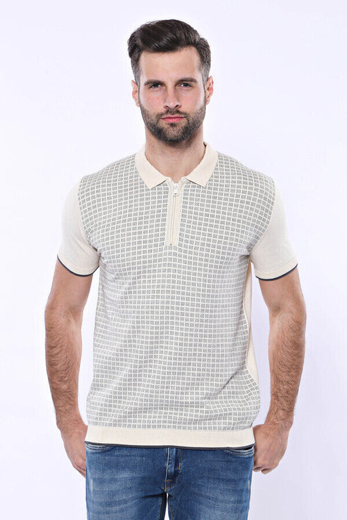 Cream Plaid Zippered Polo Knitted T-Shirt | Wessi