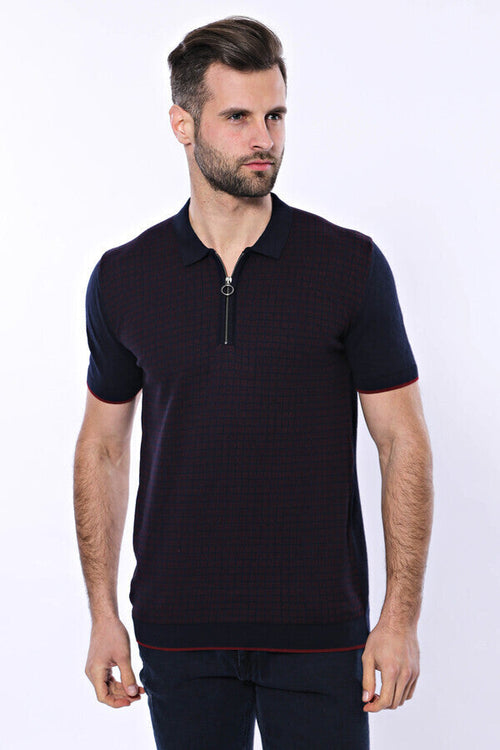 Dark Blue Plaid Zippered Knitted Polo T-Shirt - Wessi