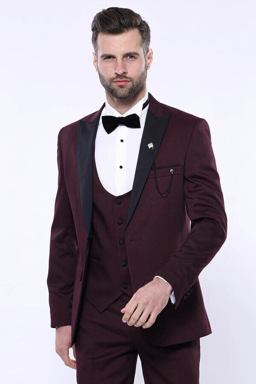 Detachable Lapel Burgundy Suit - Wessi