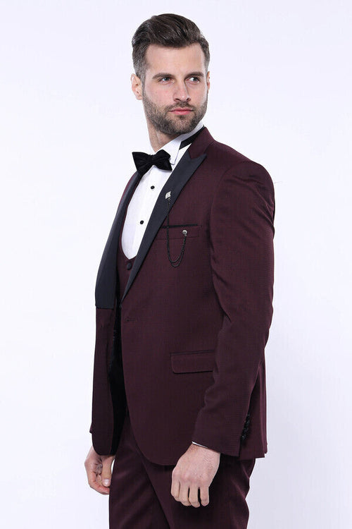 Detachable Lapel Burgundy Suit - Wessi