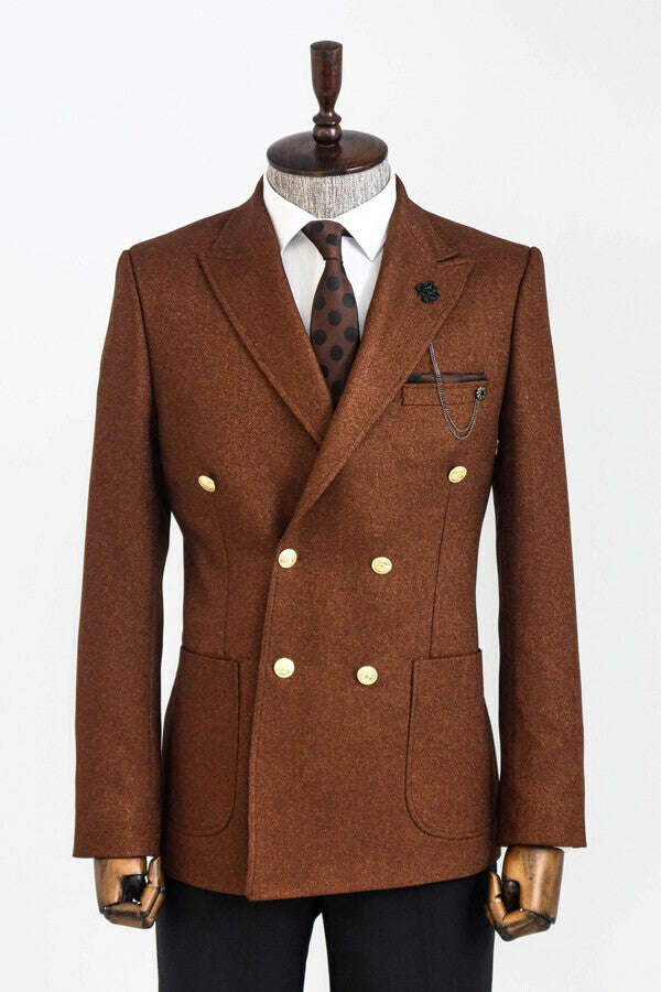 Double Breasted Slim Fit Brown Men Blazer - Wessi