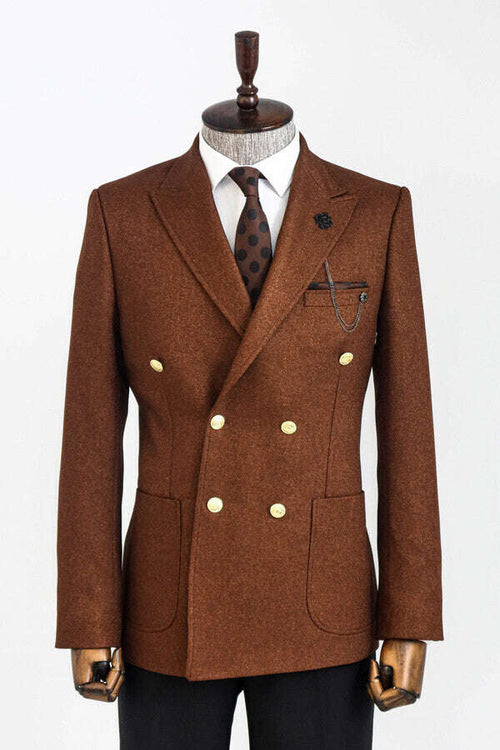 Double Breasted Slim Fit Brown Men Blazer - Wessi