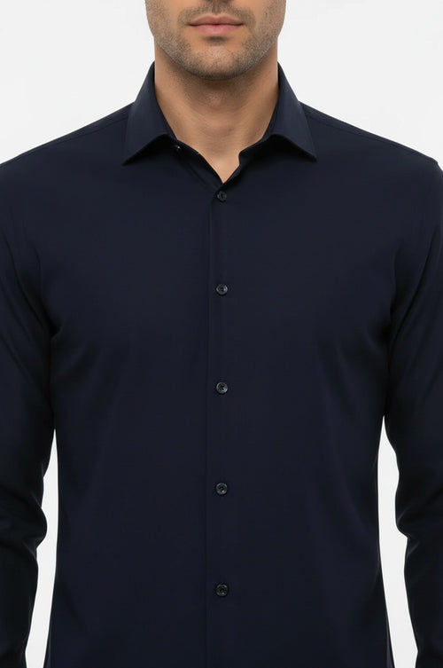 Plain Long Sleeves Regular Fit Navy Blue Men Shirt - Wessi