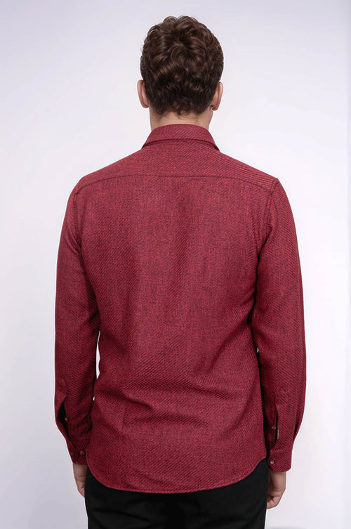 Slim Fit Cotton Plain Burgundy Men Lumberjack Shirt - Wessi