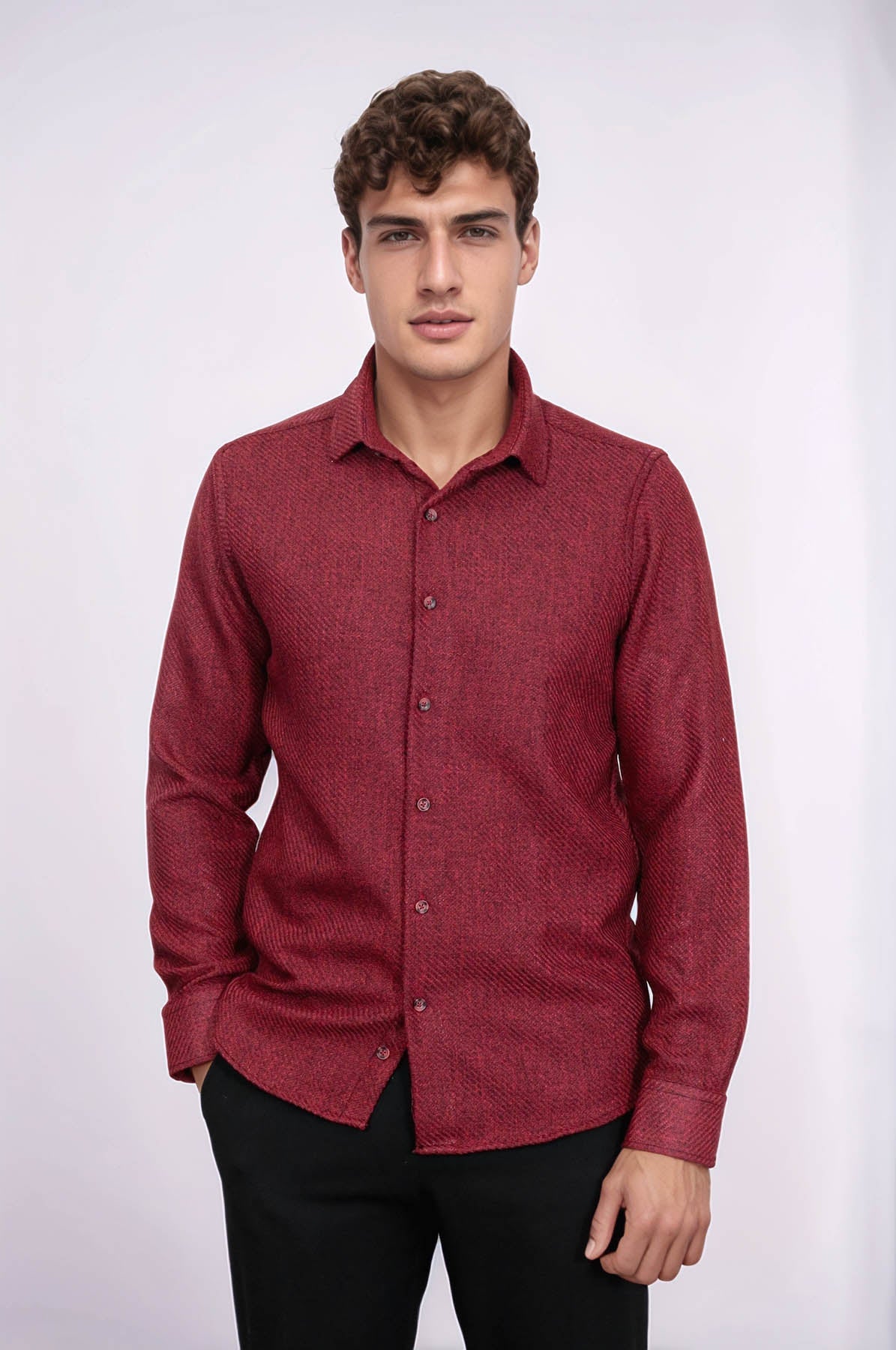 Slim Fit Cotton Plain Burgundy Men Lumberjack Shirt - Wessi