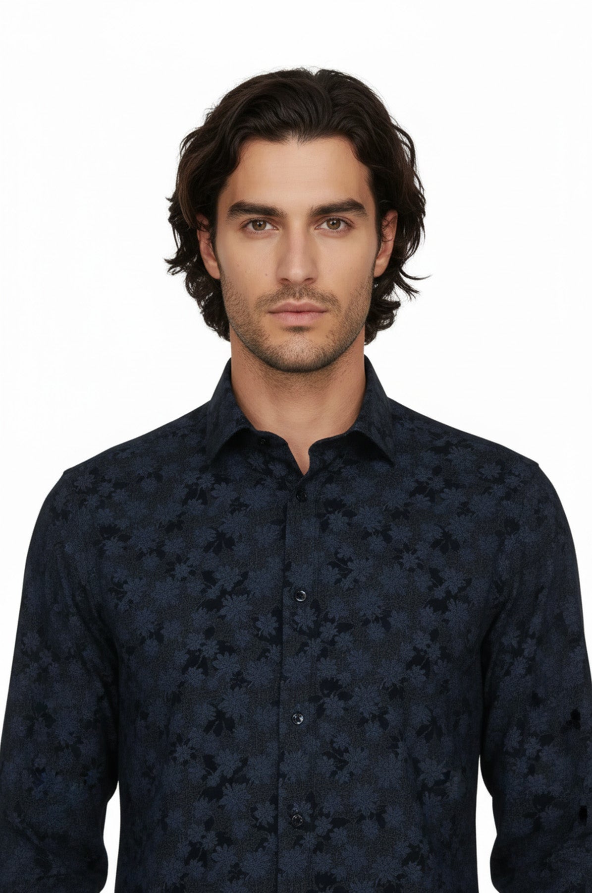 Bloom Patterned Dark Blue Slim Fir Shirt - Wessi