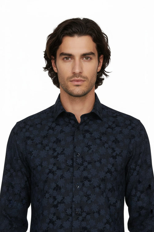 Bloom Patterned Dark Blue Slim Fir Shirt - Wessi