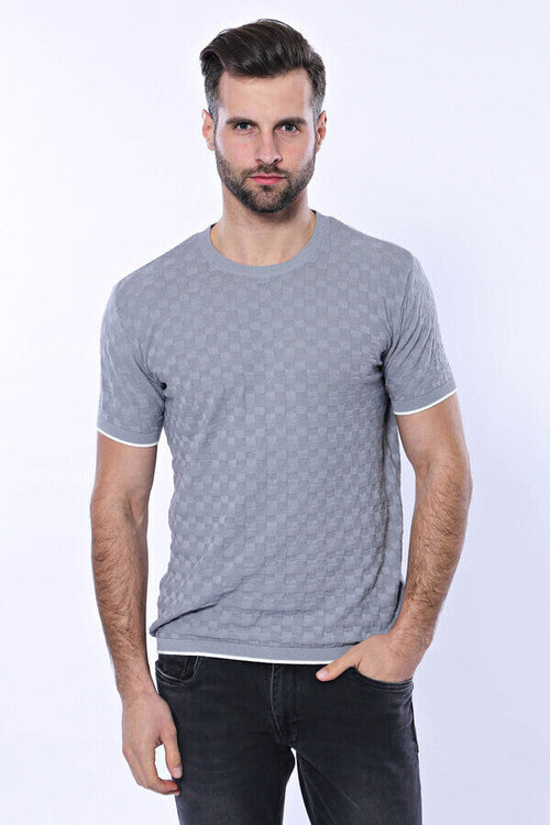 Grey Patterned Tricot Knitted T-Shirt - Wessi