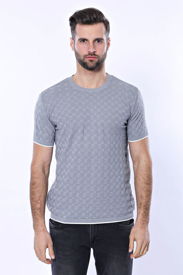 Grey Patterned Tricot Knitted T-Shirt - Wessi