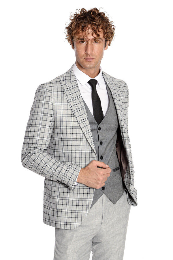 Grey Vested Slim Fit Checked Light Grey Men Suit - Wessi