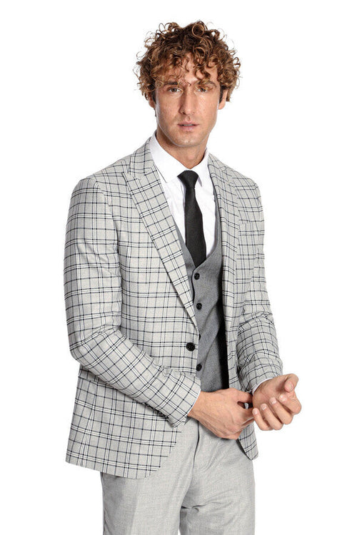Grey Vested Slim Fit Checked Light Grey Men Suit - Wessi