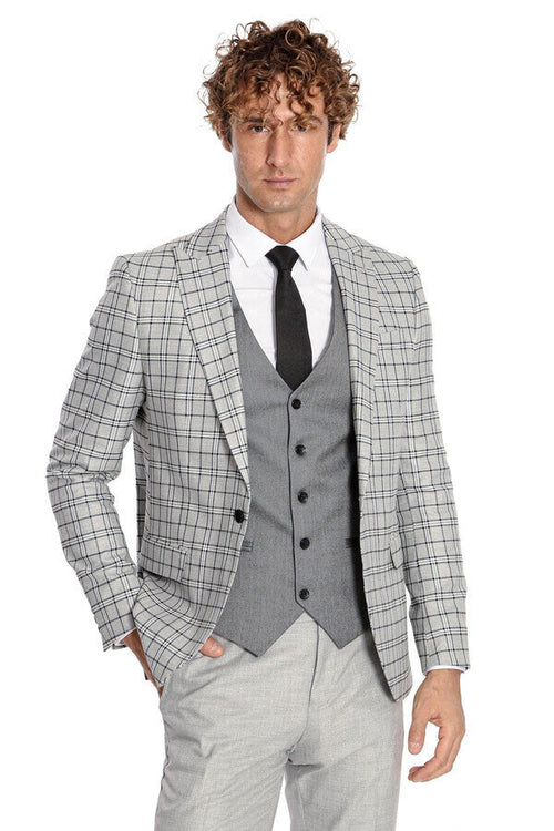 Grey Vested Slim Fit Checked Light Grey Men Suit - Wessi