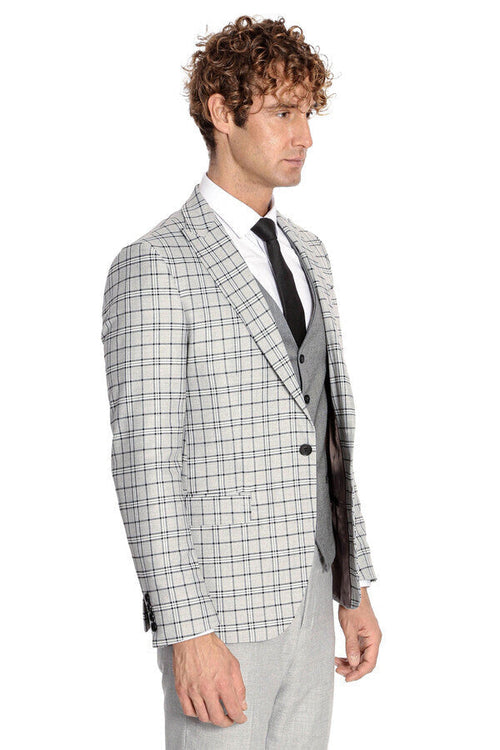 Grey Vested Slim Fit Checked Light Grey Men Suit - Wessi