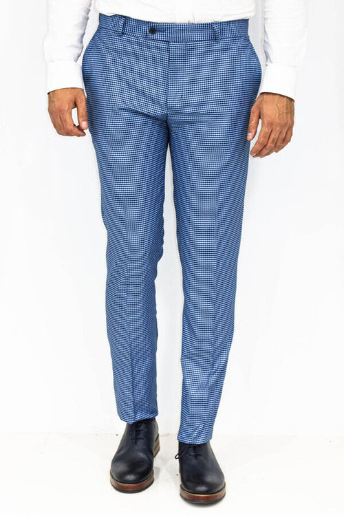 Houndstooth Patterned Indigo Blue Men Pants - Wessi