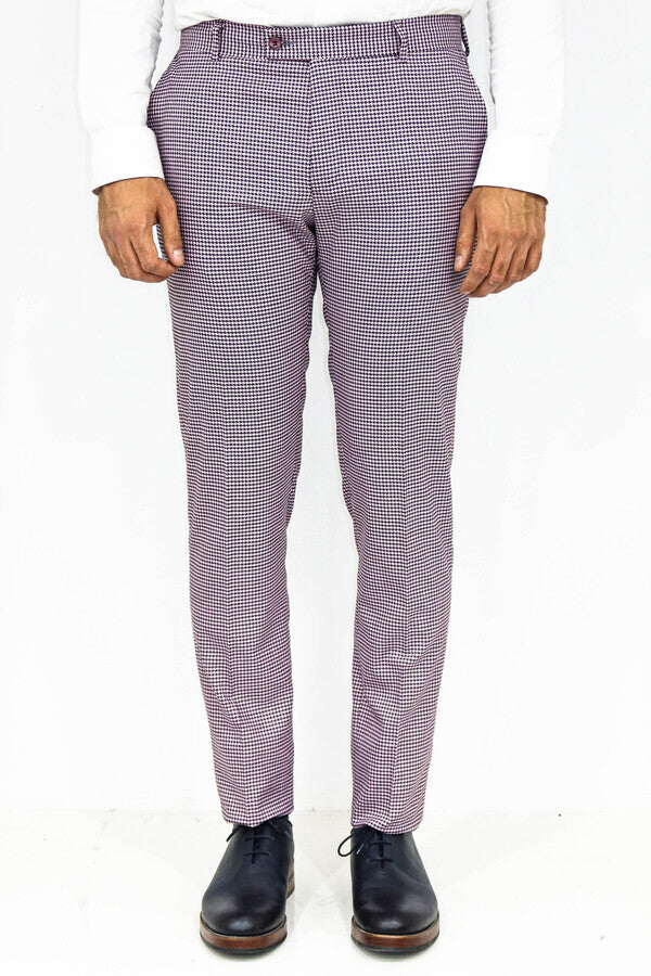 Houndstooth Patterned Light Purple Men Pants - Wessi