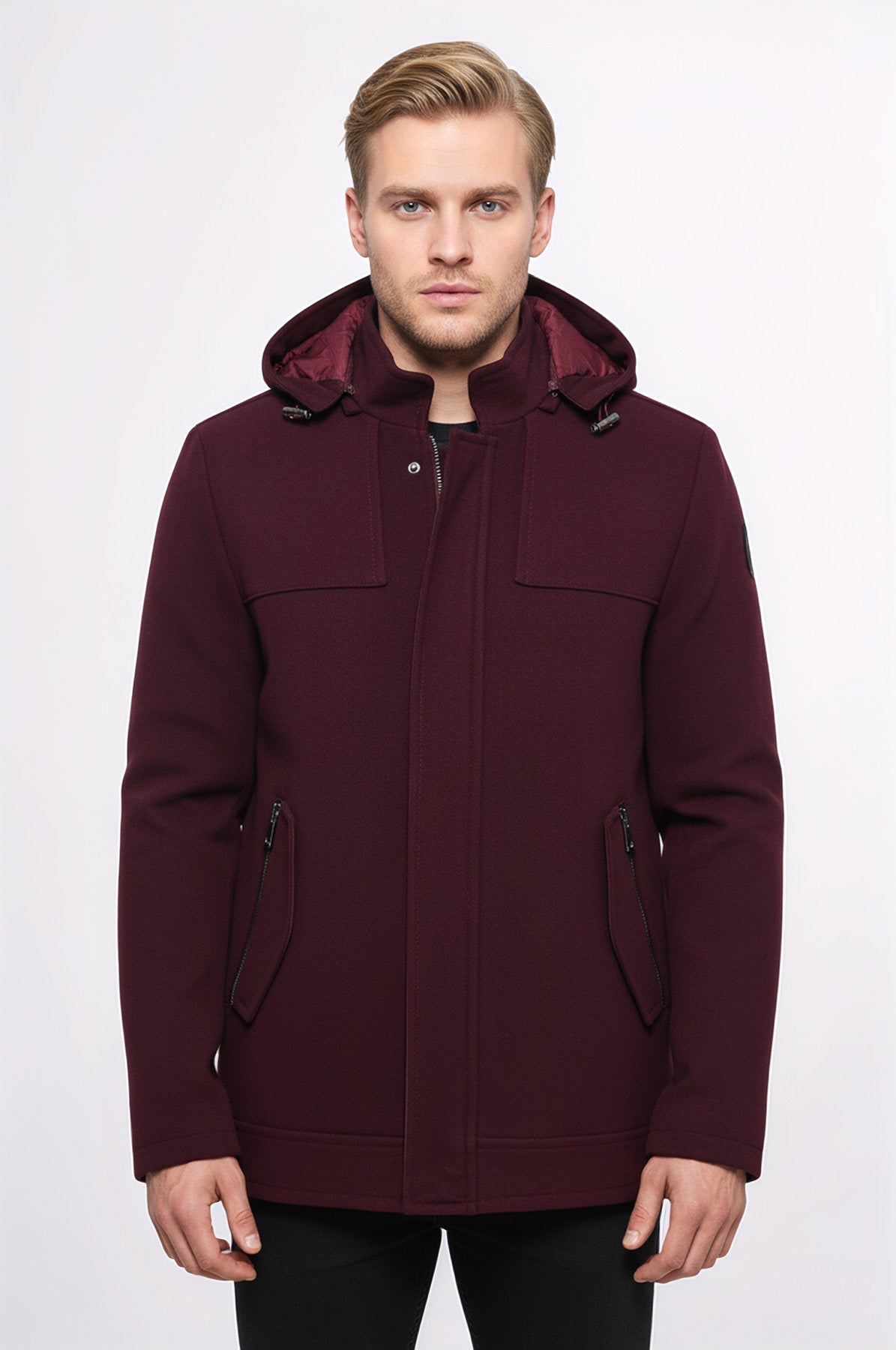 Zippered Sleeve Hooded Burgundy Coat - Wessi