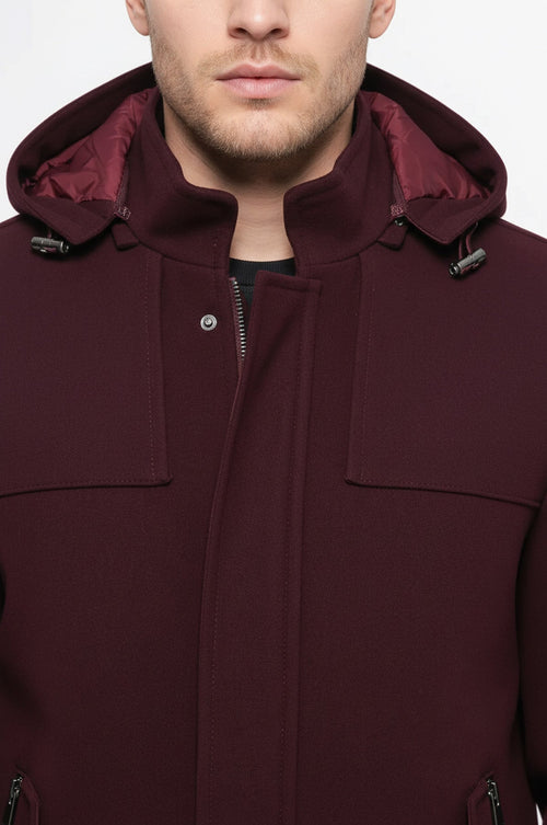 Zippered Sleeve Hooded Burgundy Coat - Wessi
