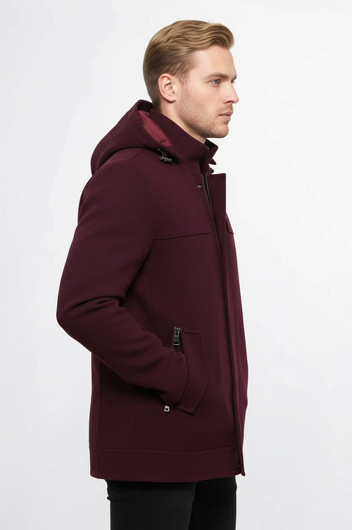 Zippered Sleeve Hooded Burgundy Coat - Wessi