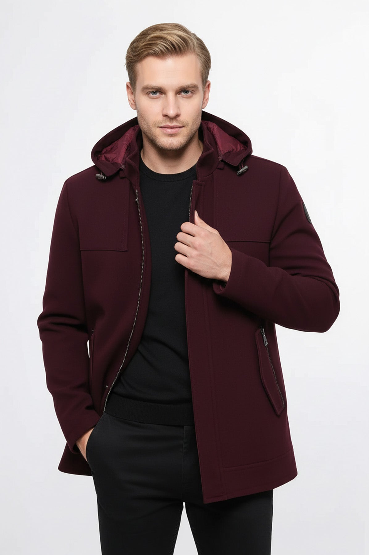 Zippered Sleeve Hooded Burgundy Coat - Wessi
