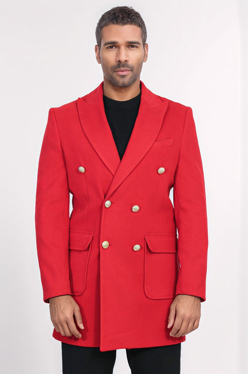 Metal Buttoned Double Breasted Burgundy Men Coat - Wessi
