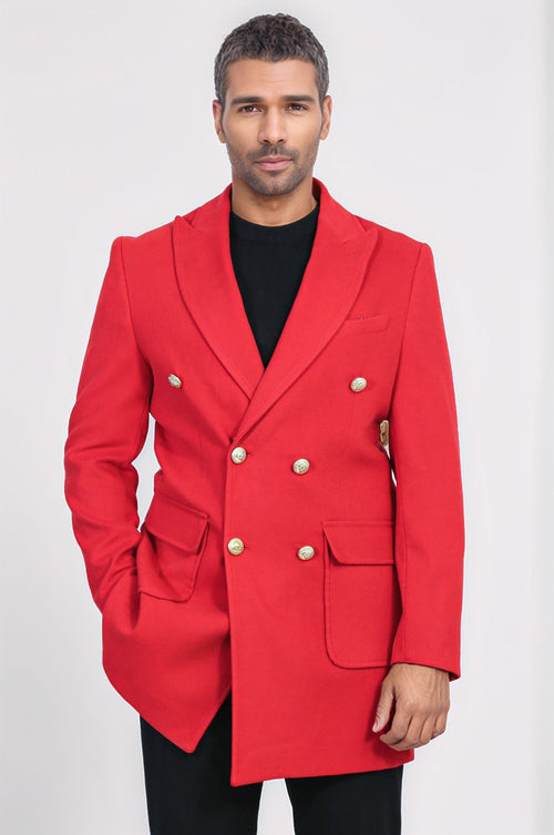 Metal Buttoned Double Breasted Burgundy Men Coat - Wessi