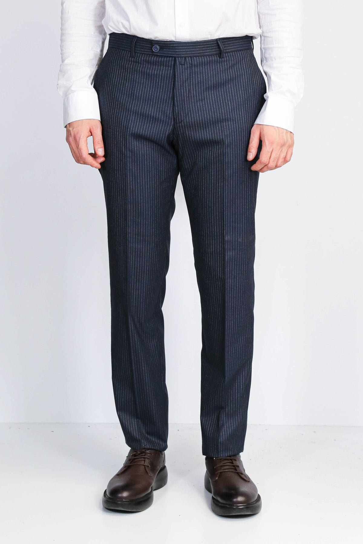 Navy Striped Modern Fit Dress Trousers – Wessi